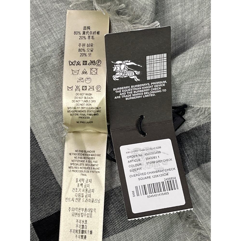 Burberry Overdyed Chambray Check Square Scarf Storm Grey Wool Modal 120x120 NWT - Picture 8 of 8